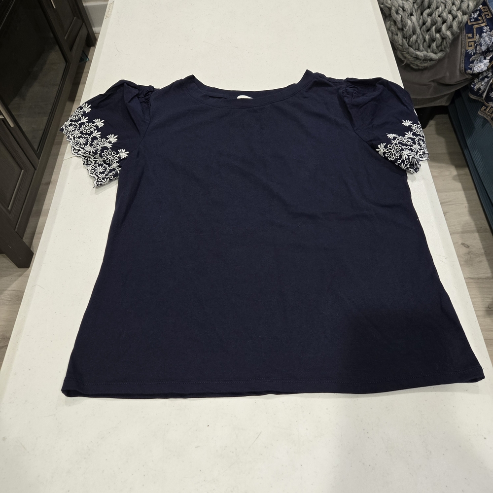 Navy Women's Top with White Floral Sleeves